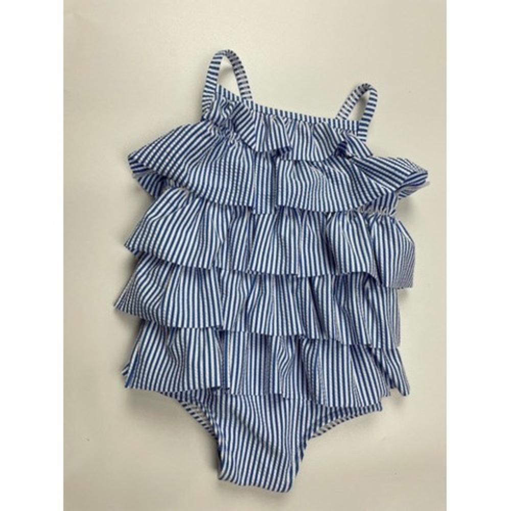 Baby Boden Blue White Seersucker Ruffle Swimsuit UPF 50+ 12-18M Y1048 BLU